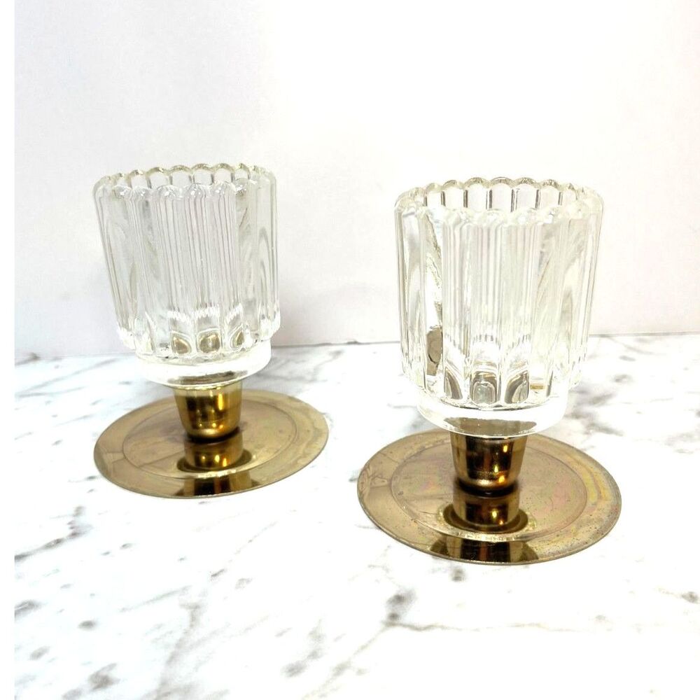 Glass and Brass Votive Holders Set of 2 Candle Holders Home Decor - Picture 9 of 11